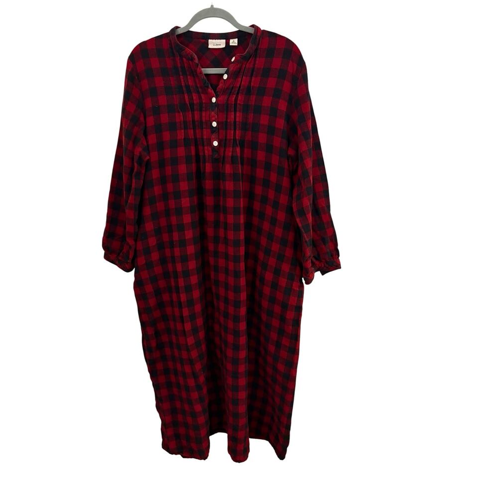LL Bean Red & Black Check Cotton Flannel Nightgown L Vintage Flaw Country Simple